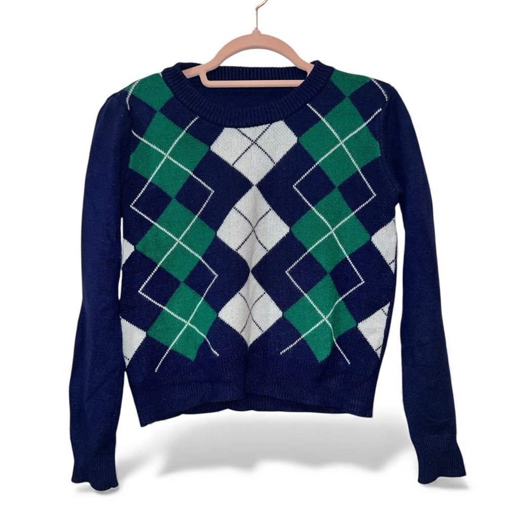 Argyle Knit Sweater – Navy/Green/White – Size M – Excellent Condition